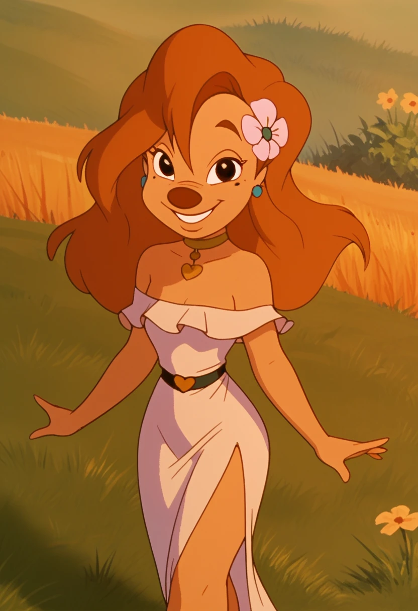 Roxanne, 1girl, solo, jewelry, earrings, hair flower,standing, grass, long hair, brown hair, smile, choker, white dress, bare shoulders, outdoors, retro artstyle,score_9, score_8_up, score_7_up, score_6_up, score_5_up, score_4_up, looking at viewer, smile,