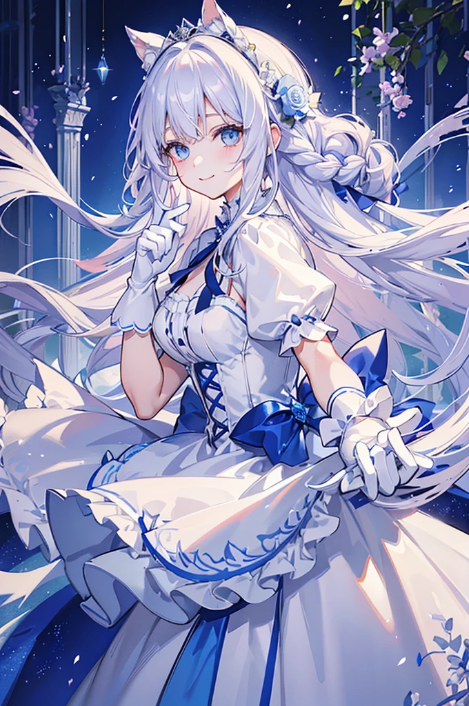 A woman with white hair and blue eyes、adult、Long, fluffy wavy hair、Braiding、Wearing hair ornaments、Smiling、Princess、White gloves、Blue-tinted dress、ribbon、Decorations such as roses and drops、race、The dress is short in the front and long in the back、Garter Ring、Fantasy