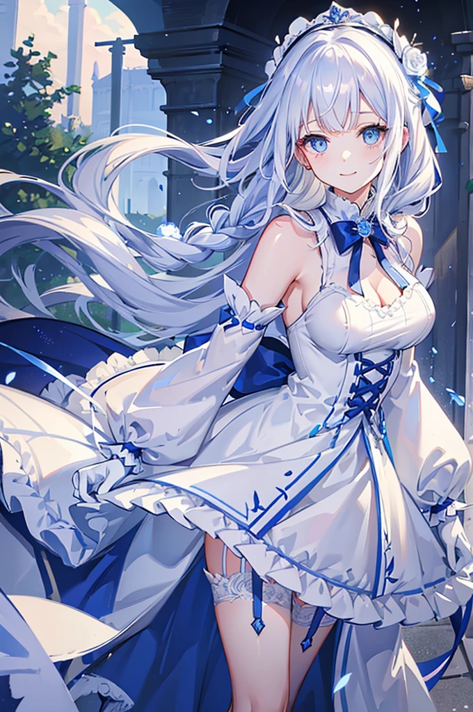 A woman with white hair and blue eyes、adult、Long, fluffy wavy hair、Braiding、Wearing hair ornaments、Smiling、Princess、White gloves、Blue-tinted dress、ribbon、Decorations such as roses and drops、race、The dress is short in the front and long in the back、Garter Ring、Fantasy