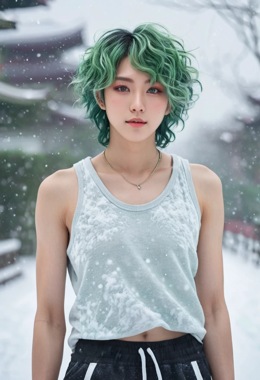 Androgynous Japanese male, with viridian green eyes, short curly viridian green hair, wearing a loose tank top, and joggers, in a red high top sneakers,(masterpiece:1.35),(best-quality:1.4),8k,ultra-detailed,photography,(ultra-realistic:1.4), adult girl, long hair, sweater, snowing background,
