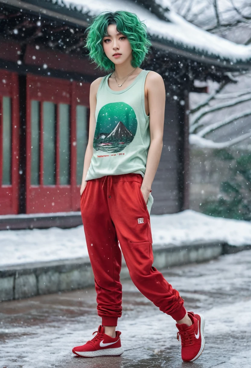 Androgynous Japanese male, with viridian green eyes, short curly viridian green hair, wearing a loose tank top, and joggers, in a red high top sneakers,(masterpiece:1.35),(best-quality:1.4),8k,ultra-detailed,photography,(ultra-realistic:1.4), adult girl, long hair, sweater, snowing background,