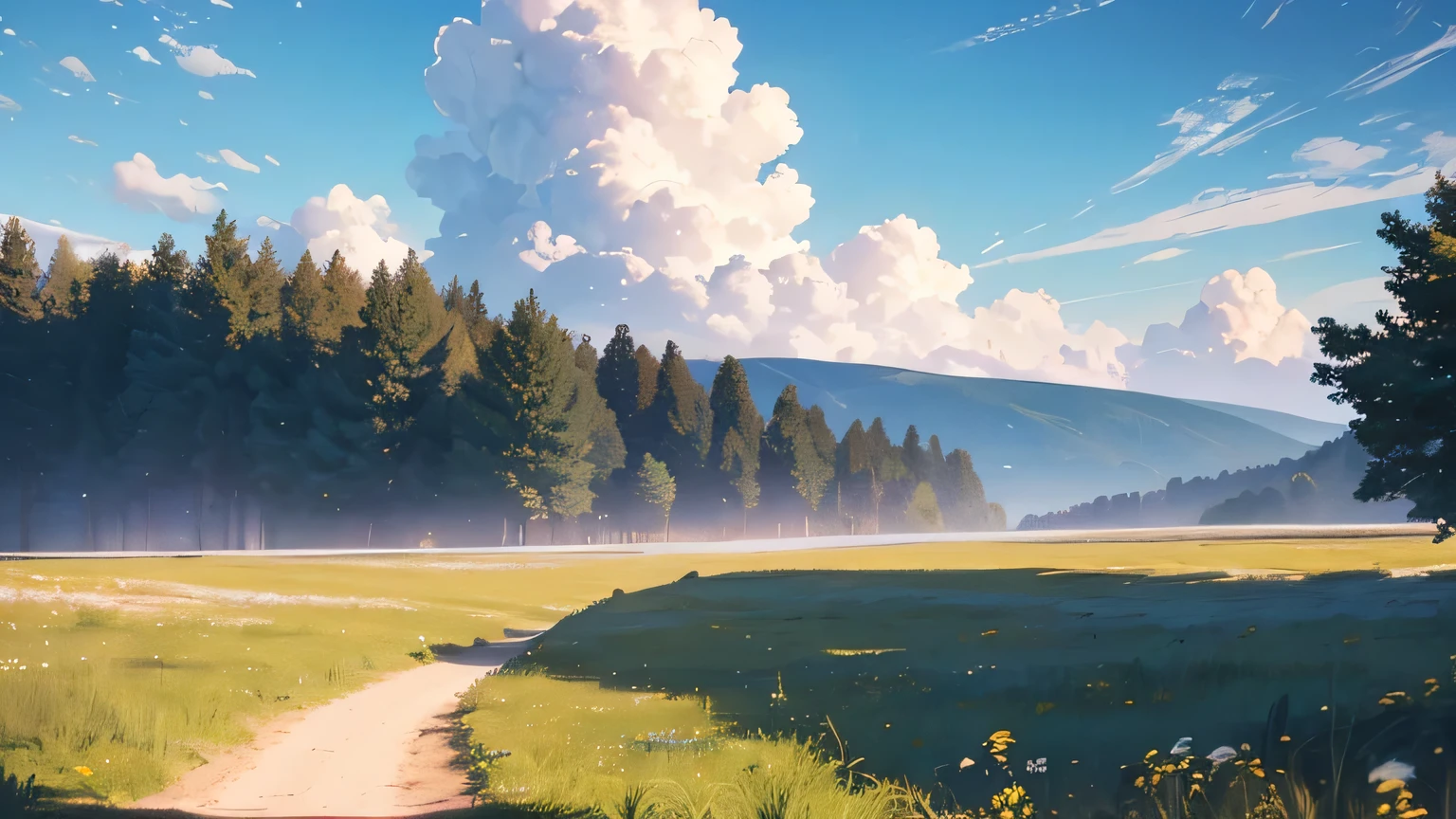 a white fluffy cloud path leading through a bright blue sky, golden sunlight, atmospheric landscape, serene, peaceful, tranquil, beautiful, (best quality,4k,8k,highres,masterpiece:1.2),ultra-detailed,(realistic,photorealistic,photo-realistic:1.37),dramatic lighting,cinematic,epic scale,dramatic clouds,HDR,UHD,studio lighting,ultra-fine painting,sharp focus,physically-based rendering,extreme detail description,professional,vivid colors,bokeh