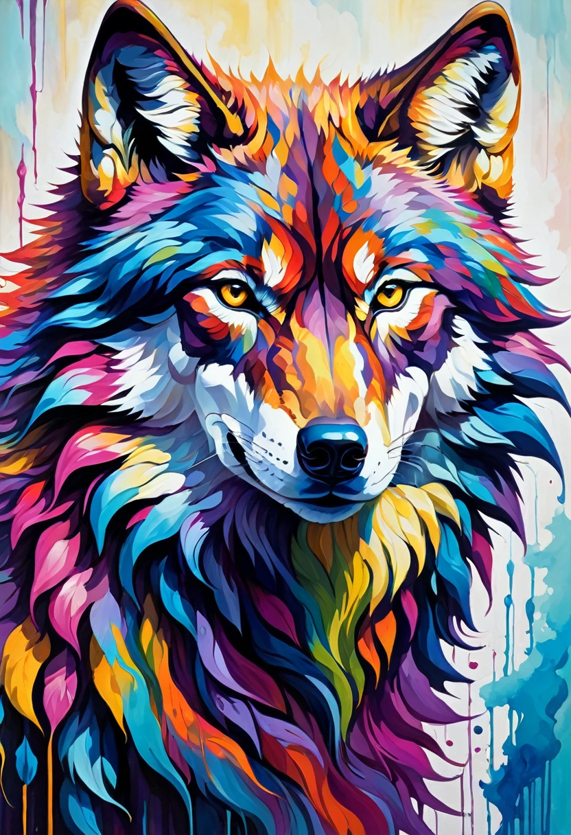A stunning maximalist painting of a full-body wolf, masterfully created with bold, large brushstrokes. The wolf's fur is painted in a vibrant, vivid palette, showcasing the artist's ability to blend and transition colors seamlessly. The intricate details of the wolf's fur, facial expressions, and body structure capture the essence of the animal's wild nature. The background is a wash of beautiful, harmonious colors that create a surreal and dreamy atmosphere.