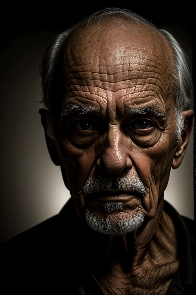 Face of an elderly man emerging from the darkness face illuminated with a very realistic thin fabric high contrast very dark Caravaggio painting style