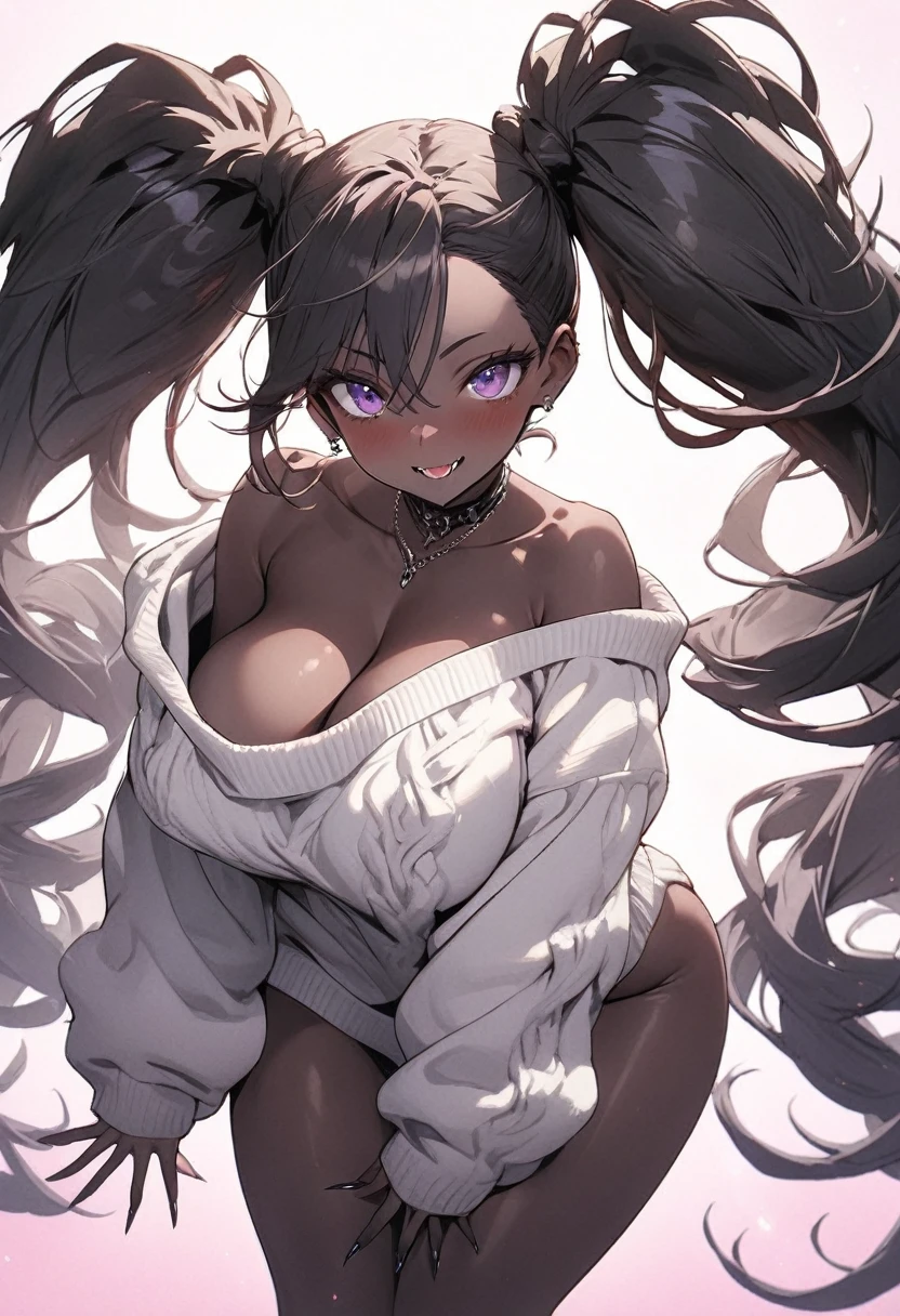 beautiful, (masterpiece:1.2), (best quality:1.2), perfect eyes, perfect face, perfect lighting, 1girl, look at the viewer, (ahegao:0.5), sexy pose、brown、black skin、body muscles、(full shot)、((gal fashion))、oversized sweater with big cleavage, sexy dress , tanned skin , purple eyes, dark blue colour heir, sexy body, black nailpolish, showing her long finger nails to the viewers , pink background, long finger nails , twintail hairstyle 