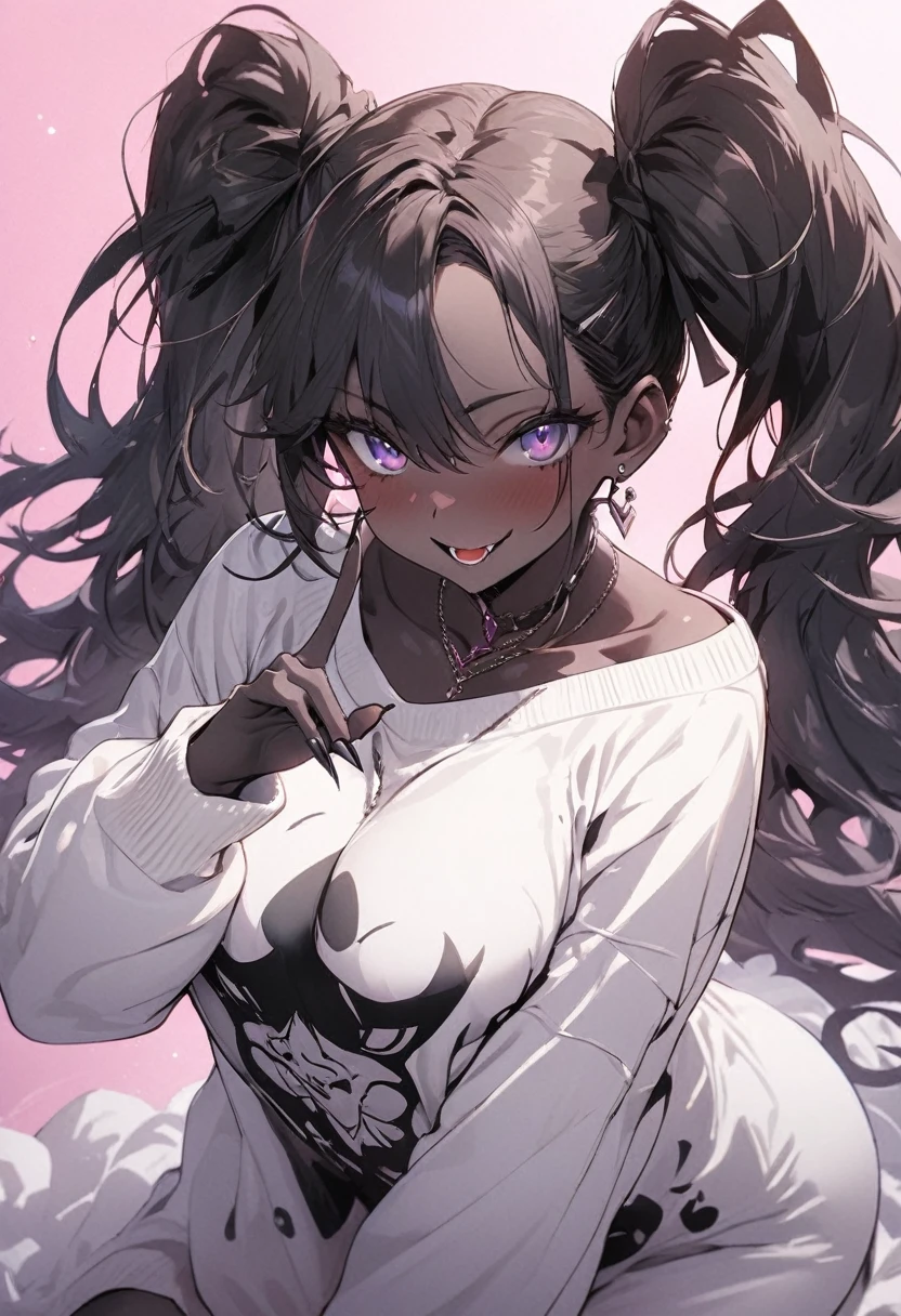 beautiful, (masterpiece:1.2), (best quality:1.2), perfect eyes, perfect face, perfect lighting, 1girl, look at the viewer, (ahegao:0.5), sexy pose、brown、black skin、body muscles、(full shot)、((gal fashion))、oversized sweater with big cleavage, sexy dress , tanned skin , purple eyes, dark blue colour heir, sexy body, black nailpolish, showing her long finger nails to the viewers , pink background, long finger nails , twintail hairstyle
