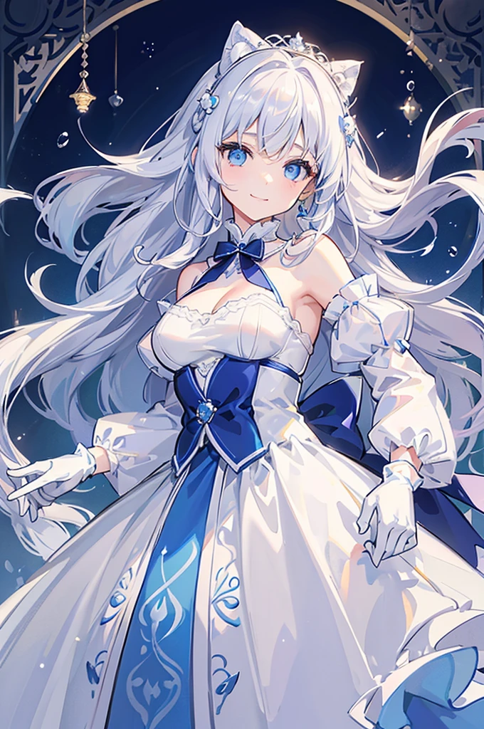 A woman with white hair and blue eyes、adult、Long, fluffy wavy hair、Braiding、Wearing hair ornaments、Smiling、Princess、White gloves、Blue-tinted dress、ribbon、Decorations such as roses and drops、race、The dress is short in the front and long in the back、Garter Ring、Fantasy