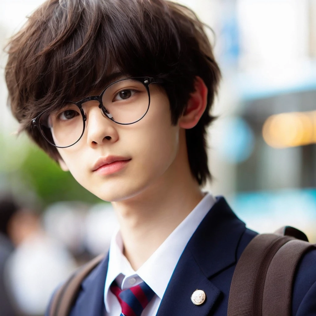 17 years old Japanese boy with glasses, wearing a white shirt, with pale white skin, handsome and cute, short wolfcut with bangs, dark brown hair, white skin tone