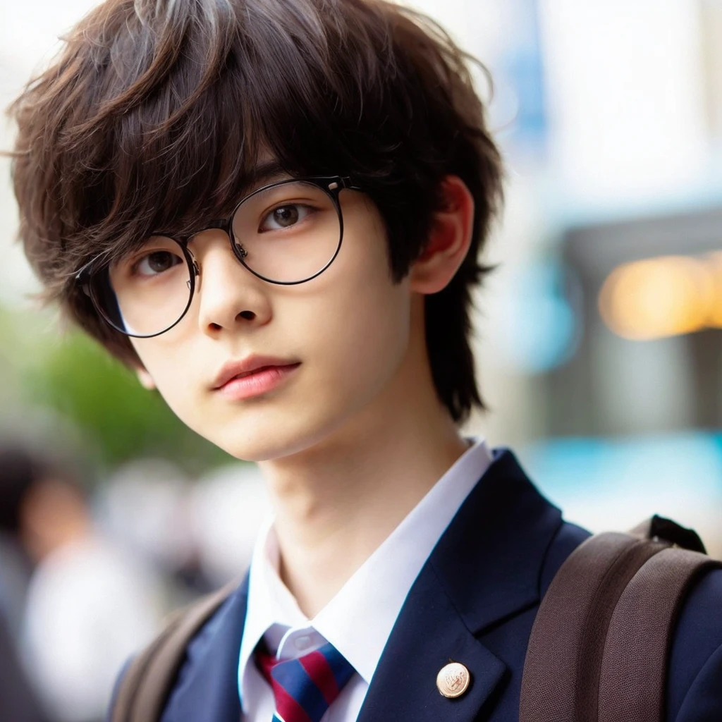 17 years old Japanese boy with glasses, wearing a white shirt, with pale white skin, handsome and cute, short wolfcut with bangs, dark brown hair, white skin tone