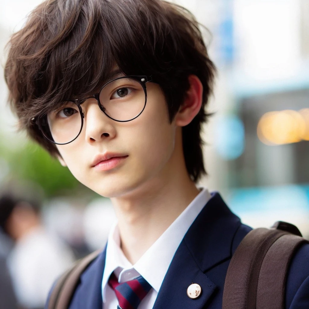 17 years old Japanese boy with glasses, wearing a white shirt, with pale white skin, handsome and cute, short wolfcut with bangs, dark brown hair, white skin tone