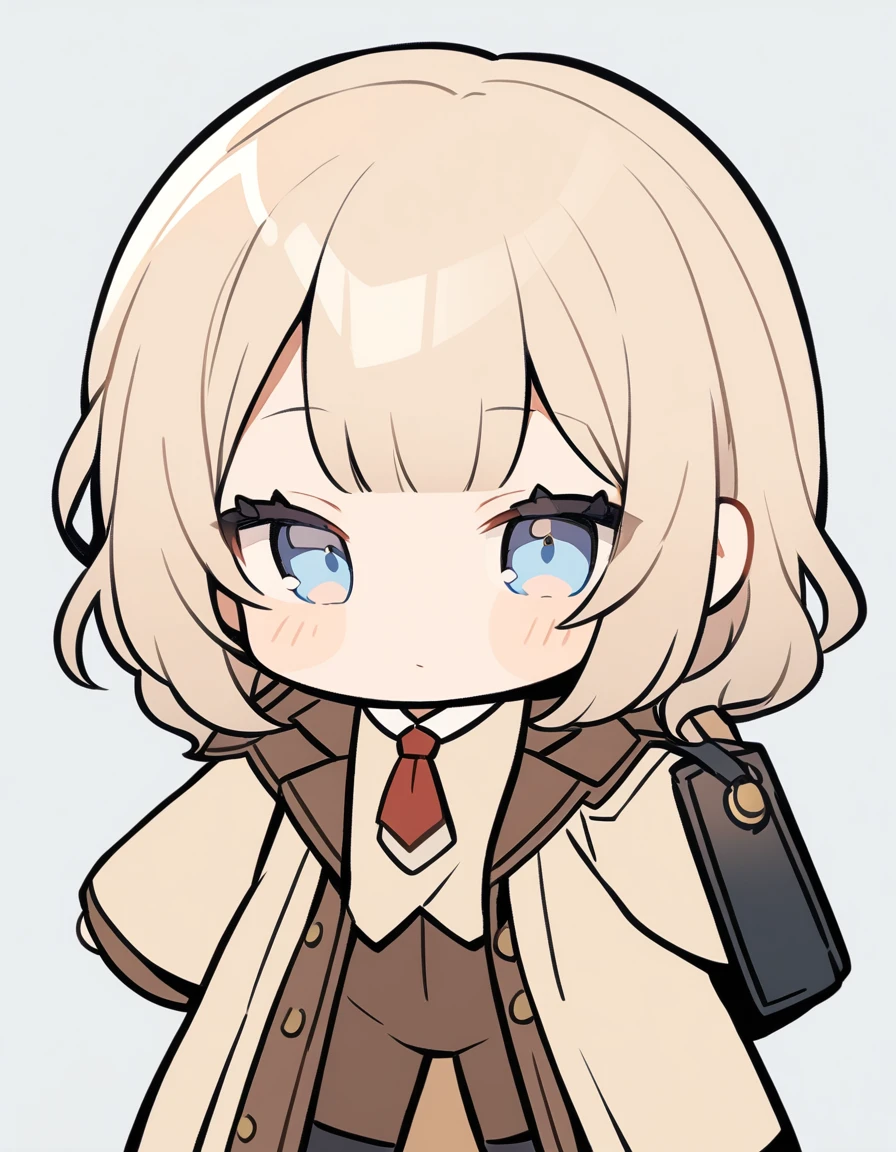 One girl, Beige hair、long、Bangs、Detective Suit、chibi,Light blue eyes、simple background