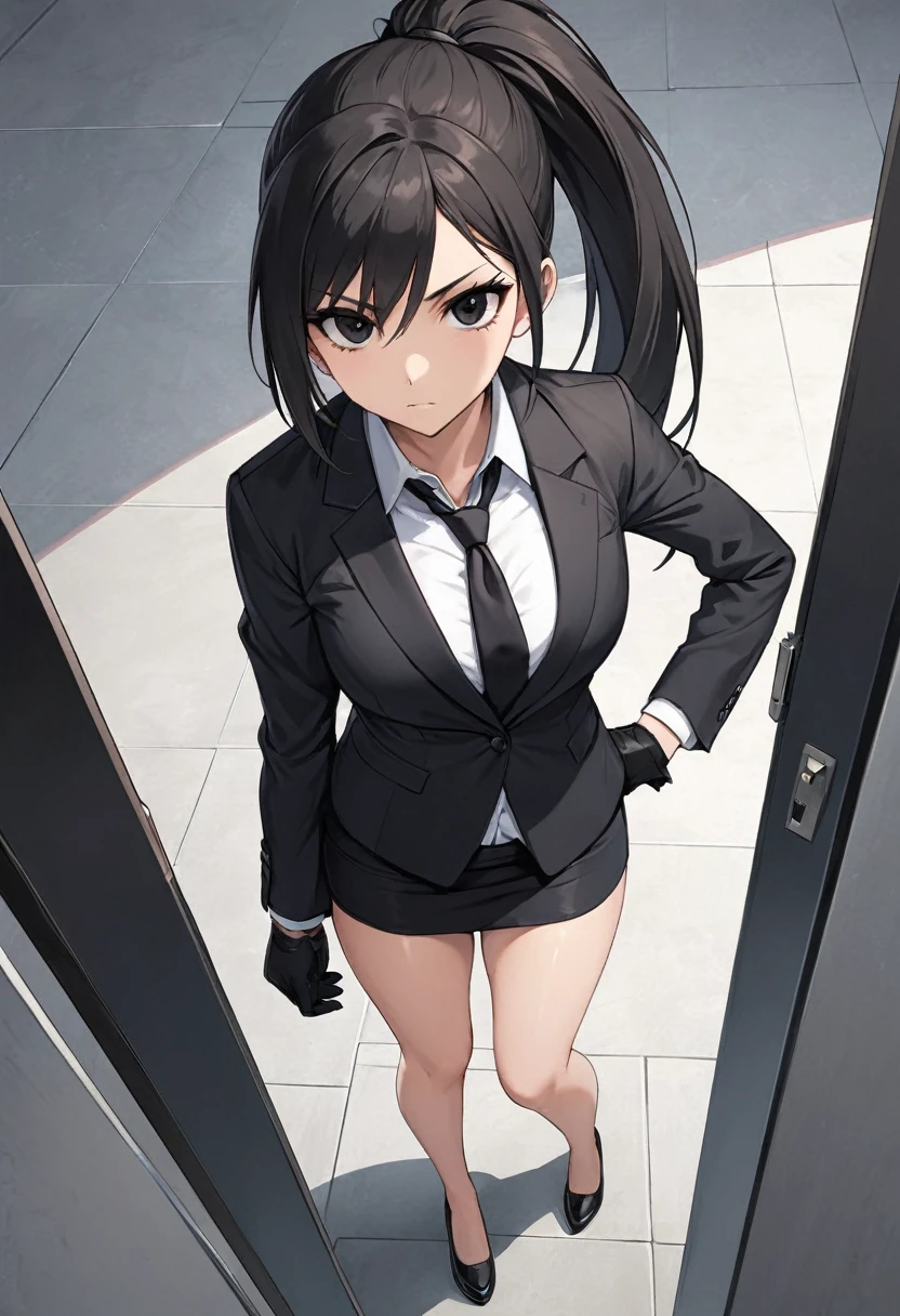 Black miniskirt ,shoes, dress shirt , pencil skirt , black long tie , assassin , whole body ,business attire , Black gloves , shorts blazer , bare legs , ponytail , black eyes , thighs , whole body , standing posture , View from above