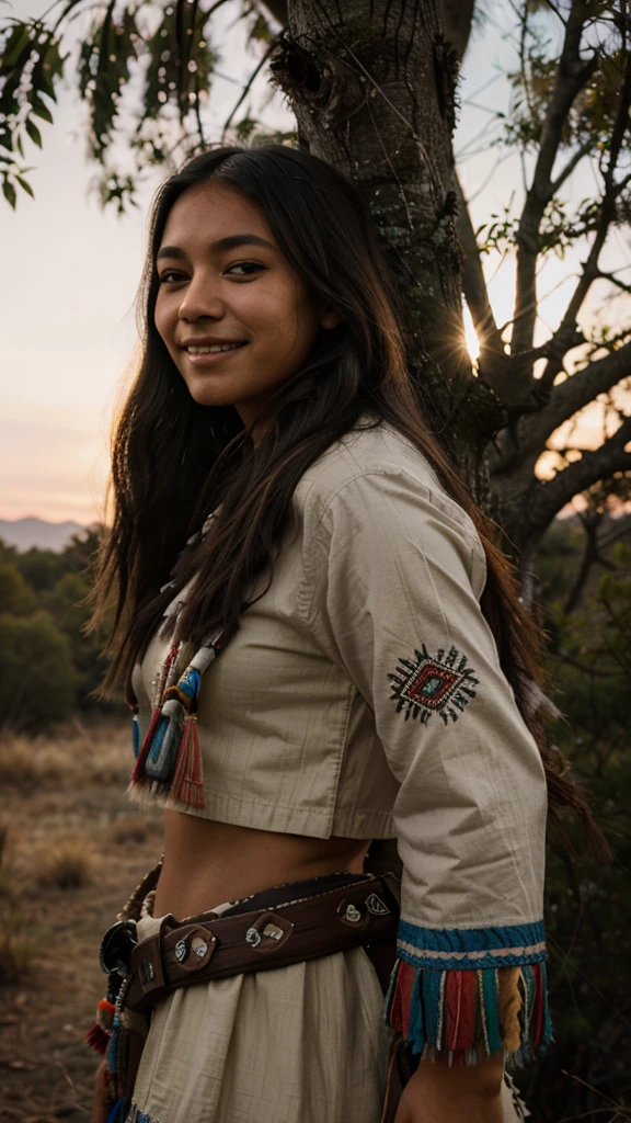(grainy:0.5), cinematic, girl,native american,fantasy,(solo:1.3), detailed eyes, detailed face, detailed native american clothing , volumetric lighting, dusk, extremely detailed background, standing next to tree, smiling, half closed eyes, tilted head, from side