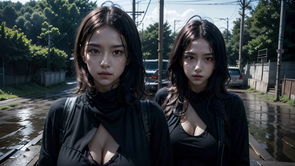 women in loose, lightweight black clothing, wearing a prominently visible balaclava, hanging by one hand from a track above a rusted roller coaster car, broken tracks and overgrown weeds, eerie atmosphere, sense of mystery and solitude, suspenseful mood, close-up shot from the car, shallow depth of field, soft, diffused lighting. Dark atmosfer.8k