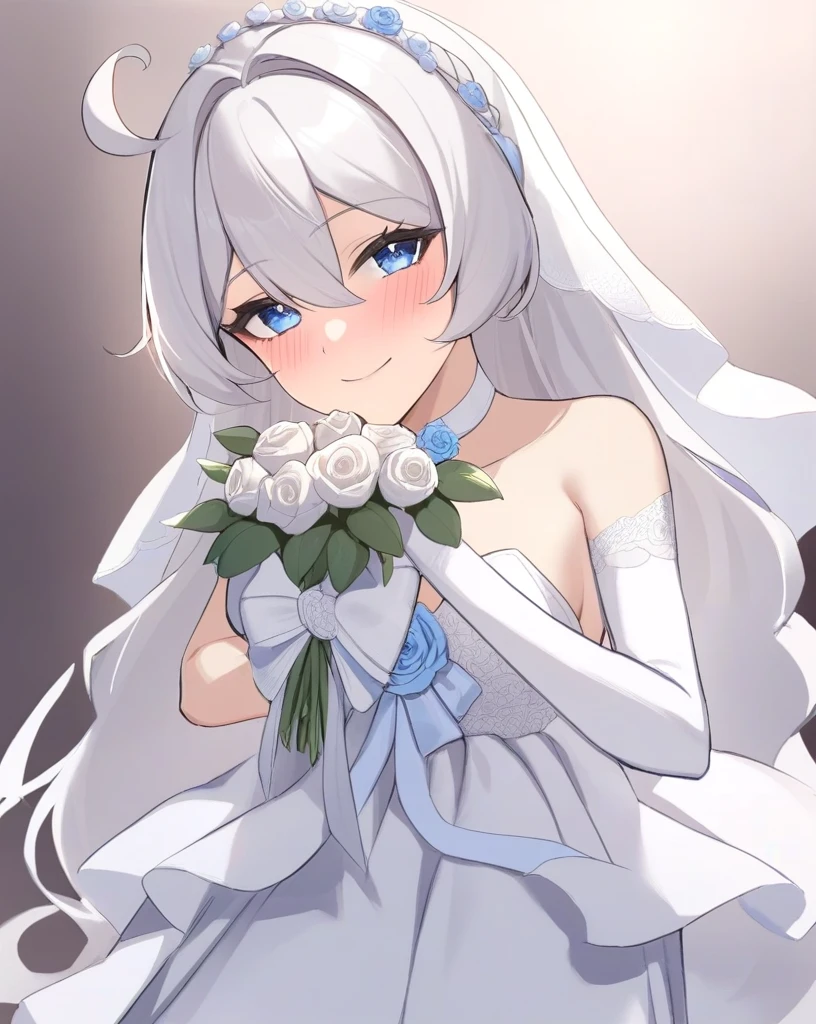 masterpiece,best quality, kiana kaslana \(honkai impact 3rd\), 1girl, dress, solo, flower, wedding_dress, long_hair, gloves, looking_at_viewer, elbow_gloves, blue_eyes, white_dress, white_hair, bouquet, smile, hairband, holding, bride, simple_background, bare_shoulders, choker, white_background, white_gloves, rose, blush, white_rose, white_flower, closed_mouth, hair_ornament, white_choker