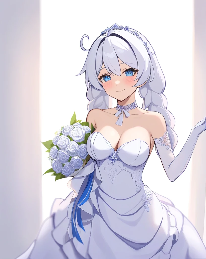 masterpiece,best quality, kiana kaslana \(honkai impact 3rd\), 1girl, dress, solo, flower, wedding_dress, long_hair, gloves, looking_at_viewer, elbow_gloves, blue_eyes, white_dress, white_hair, bouquet, smile, hairband, holding, bride, simple_background, bare_shoulders, choker, white_background, white_gloves, rose, blush, white_rose, white_flower, closed_mouth, hair_ornament, white_choker