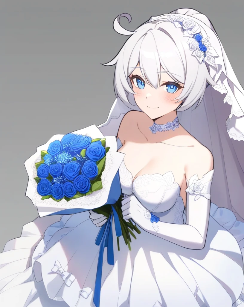 masterpiece,best quality, kiana kaslana \(honkai impact 3rd\), 1girl, dress, solo, flower, wedding_dress, long_hair, gloves, looking_at_viewer, elbow_gloves, blue_eyes, white_dress, white_hair, bouquet, smile, hairband, holding, bride, simple_background, bare_shoulders, choker, white_background, white_gloves, rose, blush, white_rose, white_flower, closed_mouth, hair_ornament, white_choker