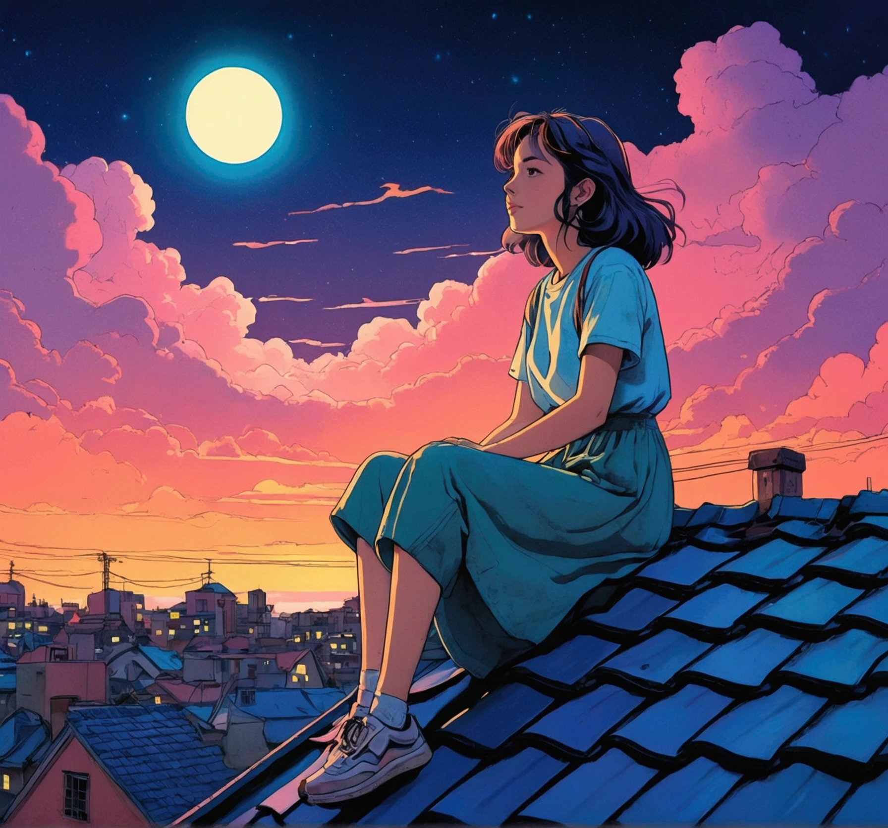 (praise), A girl sitting on the roof of an old house, Lo-fi image,retro, flat ass,2.5D, night light, view from the roof, neon backdrop, beautiful colorful night sky,stele ,Analog Color Theme, fancy ,line art, ink draw, big paint line, water colour, cor guache, Studio Ghibli style, Impressively colorful, aftermath, synthetic wave, Lofi Style,90s style,old texture, amplitude,90s atmosphere, work of art, Huge skills