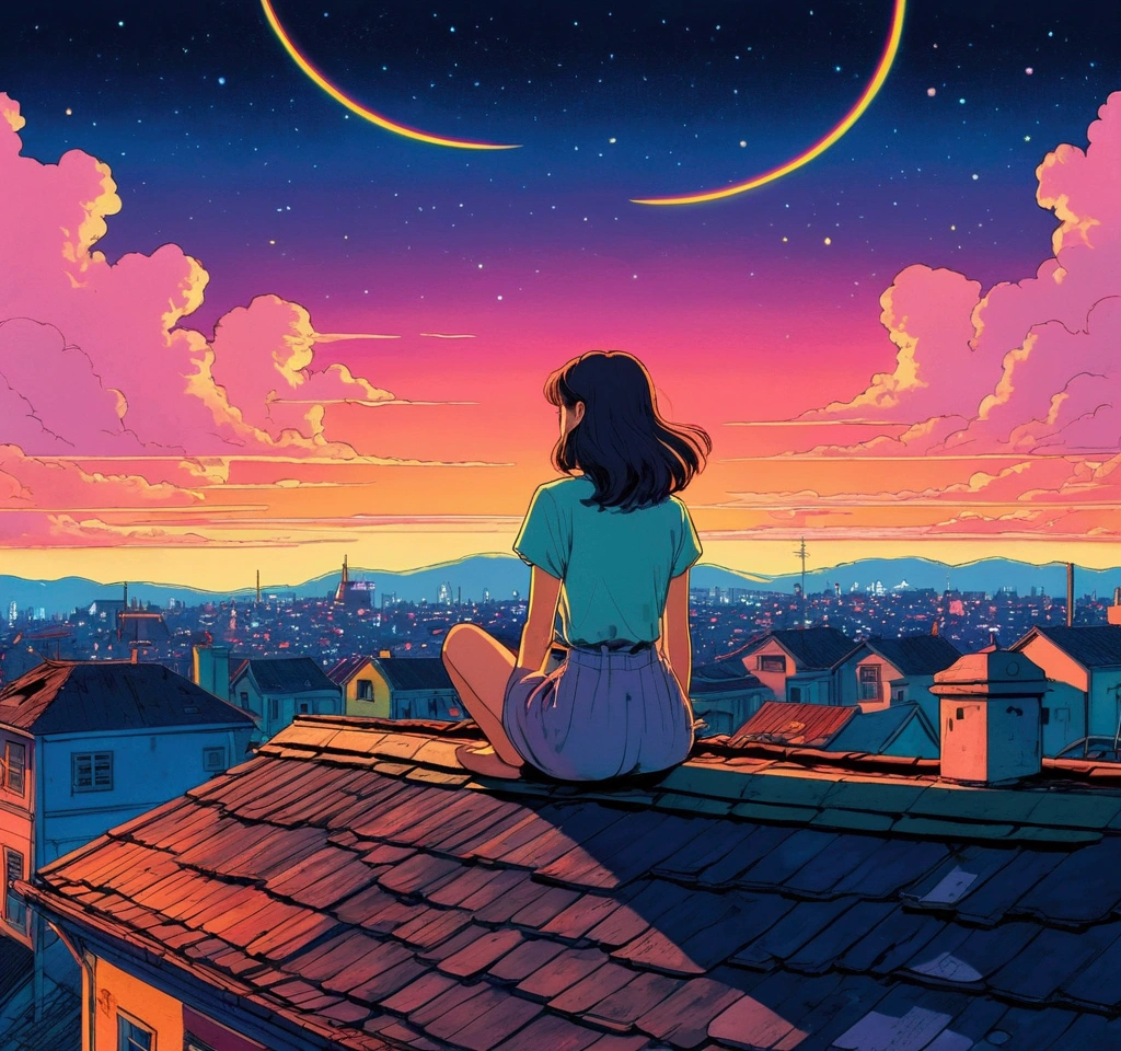 (praise), A girl sitting on the roof of an old house, Lo-fi image,retro, flat ass,2.5D, night light, view from the roof, neon backdrop, beautiful colorful night sky,stele ,Analog Color Theme, fancy ,line art, ink draw, big paint line, water colour, cor guache, Studio Ghibli style, Impressively colorful, aftermath, synthetic wave, Lofi Style,90s style,old texture, amplitude,90s atmosphere, work of art, Huge skills