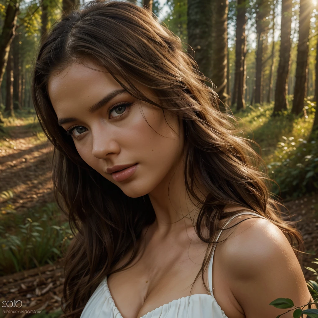 adriana lima, thick brown hair, hot , Ukrainian girl, wavy brown hair, Dasha Taran, pretty beautiful brunette, (solo one girl : 2.0), a beautiful woman sleeping on the grass in a lush forest, wearing a flowing white dress, full body shot from above, (best quality,4k,8k,highres,masterpiece:1.2),ultra-detailed,(realistic,photorealistic,photo-realistic:1.37),HDR,studio lighting,extremely detailed face and eyes,long eyelashes,natural light,forest landscape,golden hour,warm color tones