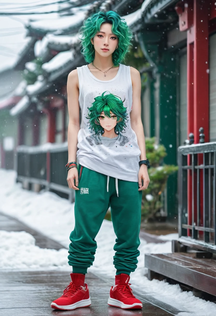 Androgynous Japanese male, with viridian green eyes, curly viridian green hair, wearing a loose tank top, and joggers, in a red high top sneakers,(masterpiece:1.35),(best-quality:1.4),8k,ultra-detailed,photography,(ultra-realistic:1.4), adult girl, long hair, sweater, snowing background,