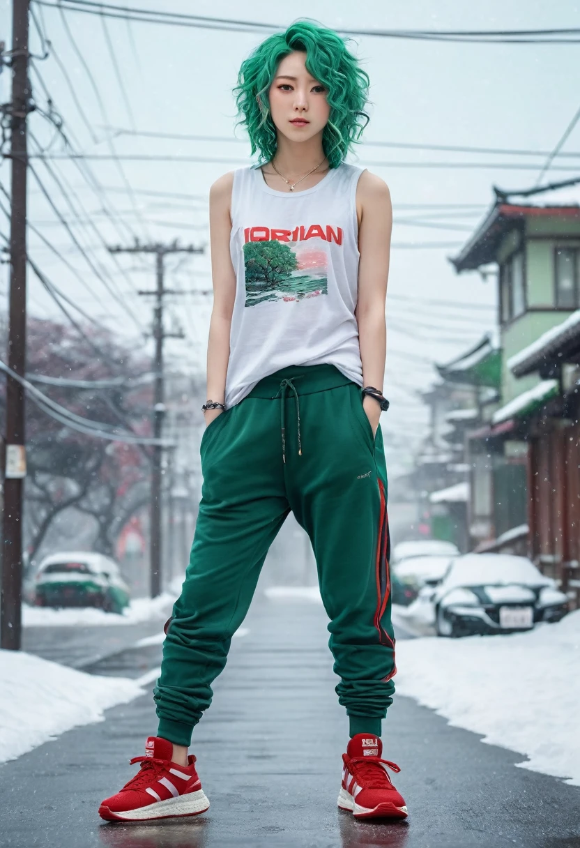 Androgynous Japanese male, with viridian green eyes, curly viridian green hair, wearing a loose tank top, and joggers, in a red high top sneakers,(masterpiece:1.35),(best-quality:1.4),8k,ultra-detailed,photography,(ultra-realistic:1.4), adult girl, long hair, sweater, snowing background,