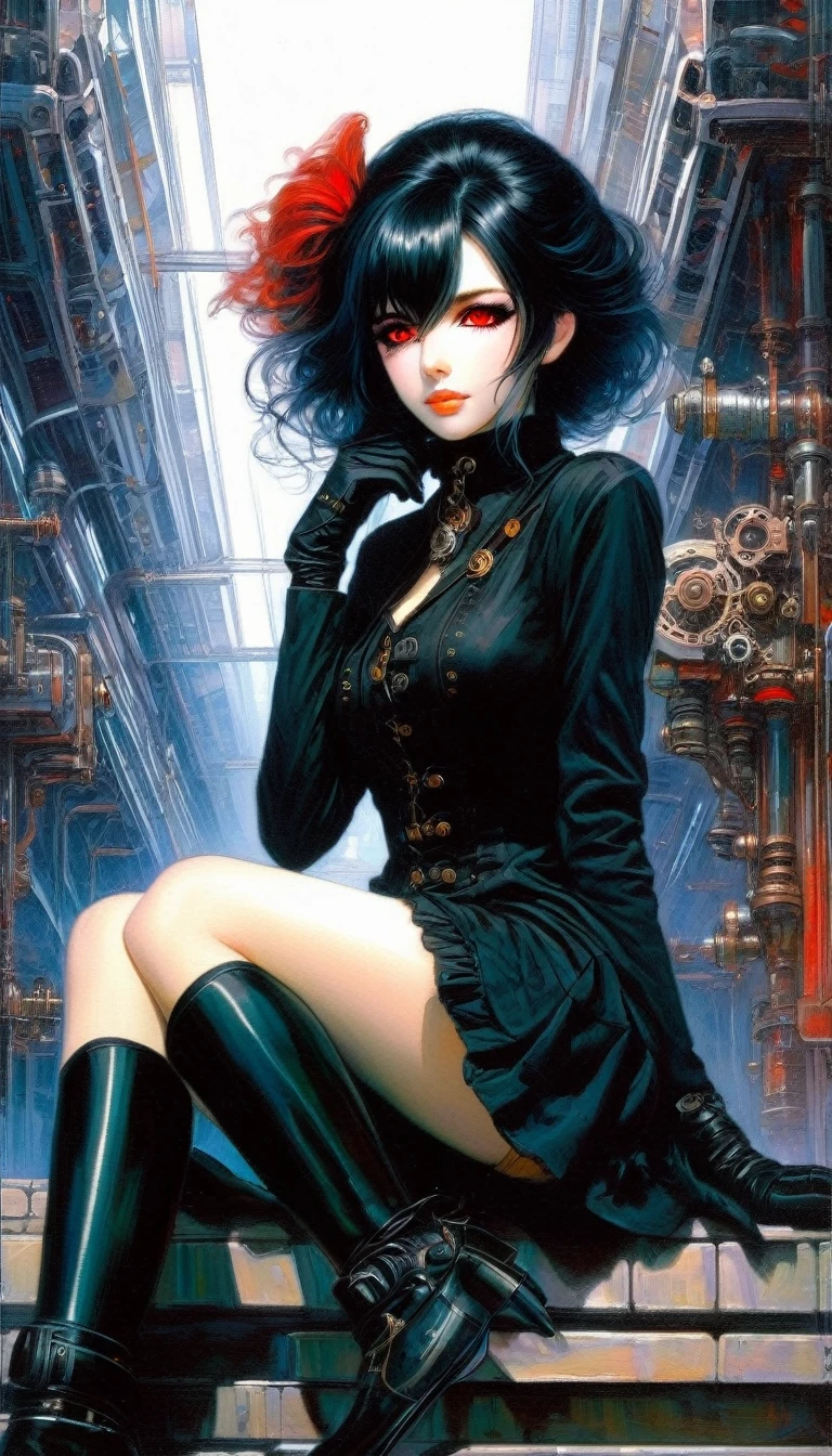 a woman dressed in anime style sitting under a futuristic building, 1 girl, dress, alone, hair, gloves, two stories, looking at viewer, red eyes, long hair, black gloves, long sleeves, long hair, steampunk、Short hair , very detailed (art inspired by Bill Sienkiewicz). oil painting)