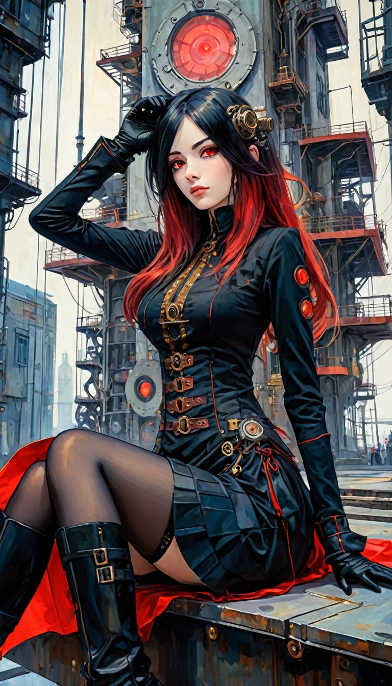 a woman dressed in anime style sitting under a futuristic building, 1 girl, dress, alone, hair, gloves, two stories, looking at viewer, red eyes, long hair, black gloves, long sleeves, long hair, steampunk、Short hair , very detailed (art inspired by Bill Sienkiewicz). oil painting)