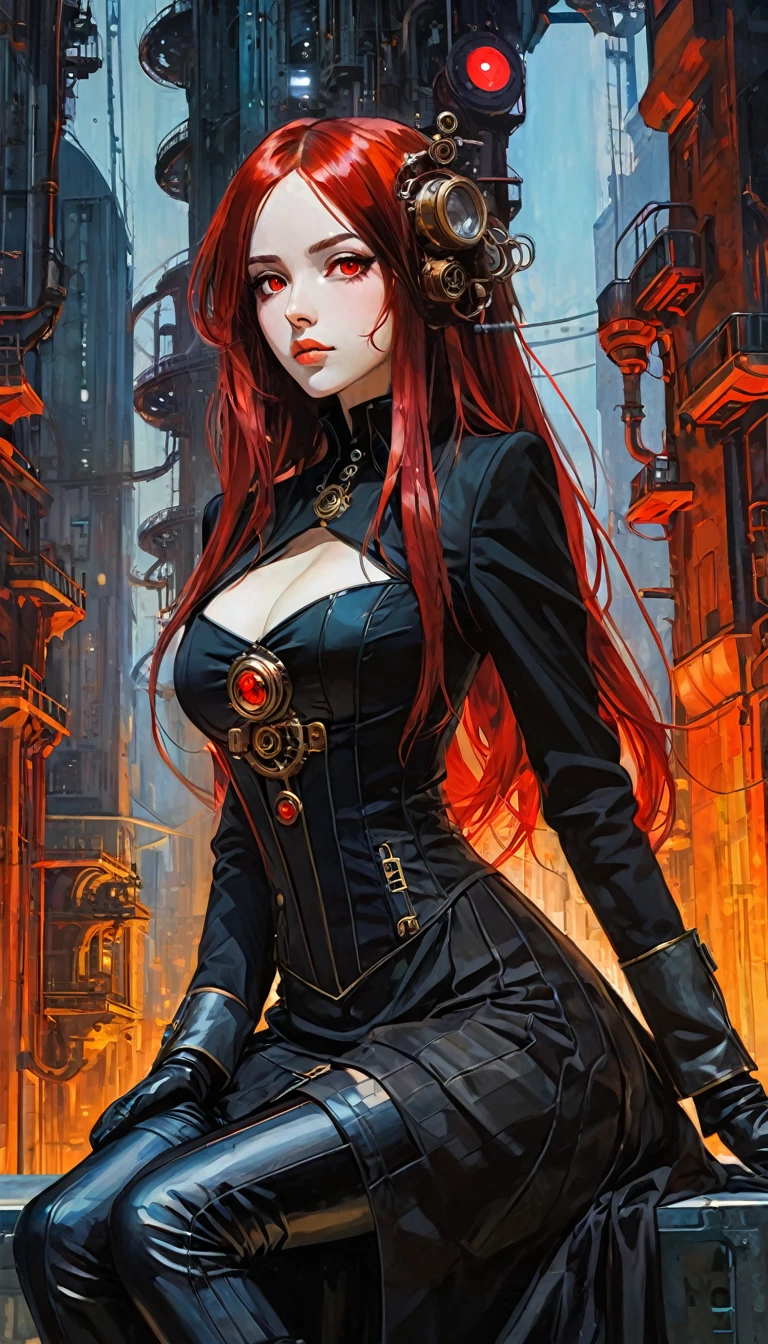 a woman dressed in anime style sitting under a futuristic building, 1 girl, dress, alone, hair, gloves, two stories, looking at viewer, red eyes, long hair, black gloves, long sleeves, long hair, steampunk、Short hair , very detailed (art inspired by Bill Sienkiewicz). oil painting)