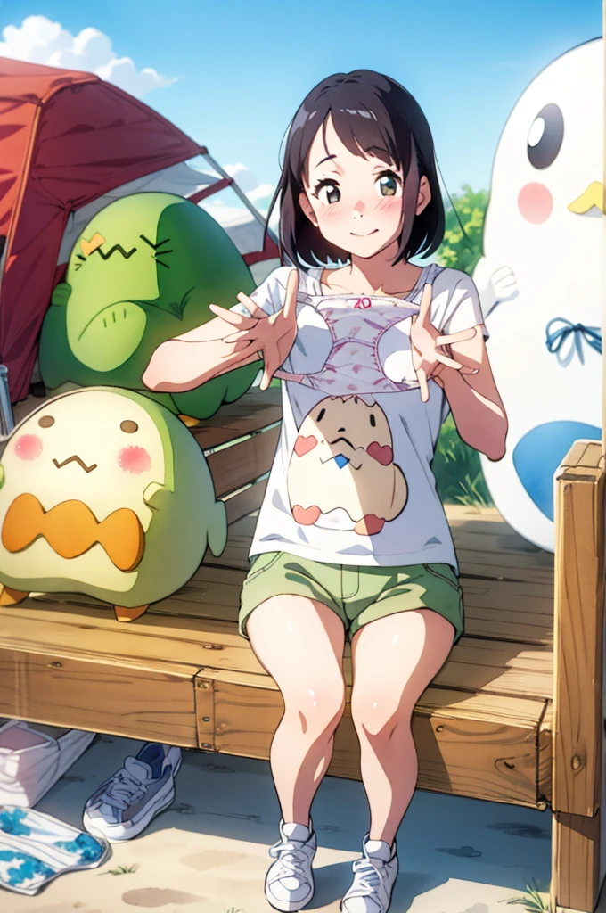 (super flat, flat shading), 1 girl，************, , , Holding and showing panties，take up，*********，Very short stature，very small flat chest，Very flat chest that looks like it might expand，very thin limbs，sneakers， camp site， (White Sumikko Gurashi printed panties:1.2), Pee stains:1.2，round glasses，Spring break，smile，blush，A little embarrassed，spring，Cherry tree，blue sky，bright，Low - Angle，Bright color，watercolor，ghibli style，accurate and detailed female fingers，