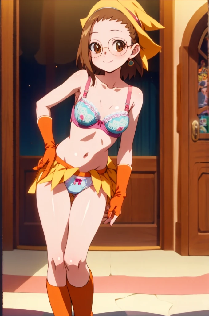, glasses, smile, standing , indoor,(((bra,))),naked
