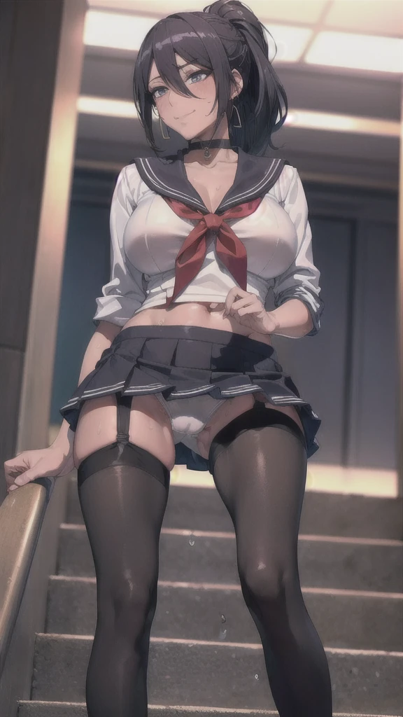 ((Correct Anatomy)),((School stairs)),((Rise)),((((Sailor suit)))),((Beautiful feet)),((White lace panties)),((A shy smile)),((mini skirt)),((Black Pantyhose)),((black tights)),((garter belt)),((high school girl)),Ultra-high resolution,Mature Woman, Mature Woman, Very detailed,Extremely fine skin,Beautiful Skin,((Sweating all over the body)),(Big Breasts),((Beautiful legs)),Perfect hands, Detailed fingers, Beautiful details, ((Long black hair)),((ponytail)),Black choker, Earrings,loafers,Luxury,Perfect Eyes, Captivating eyes