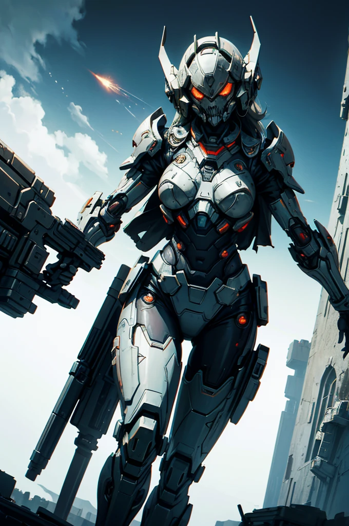 there is a woman holding a gun in front of a spaceship, ruined empire in the background, official character art, eternal doom zombie, Orianna, c painting - 3 p 0, inspired by Sargent Johnson, planet sky in the background, juno promotional image, full helmet