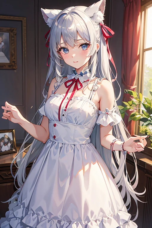 masterpiece, Highest quality, High resolution，Follow the on-screen instructions、Anime Style、Follow the prompts、One Girl、Long silver hair、Wearing a dress that can be removed by undoing the ribbon around the neck、Pull the ribbon around your neck、Clothes sag and cleavage becomes visible