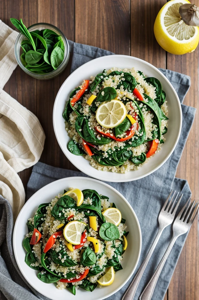 Quinoa with Vegetables (pepper, onion, Spinach) and a glass of sparkling water with a touch of lemon 