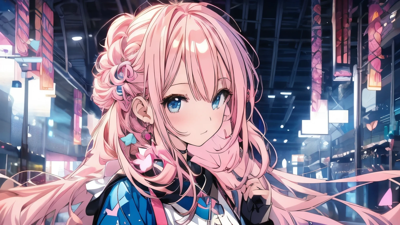 Anime girl with pink hair and blue eyes standing in front of a mirror., 4K anime style, detailed digital anime art, beautiful animated portrait, detailed portrait of anime girl, Pink hair and cyan eyes., anime art wallpaper 4k, anime art wallpaper 4k, cute anime girl portrait, anime girl portrait, 4k anime wallpaper, cute anime girl portraits