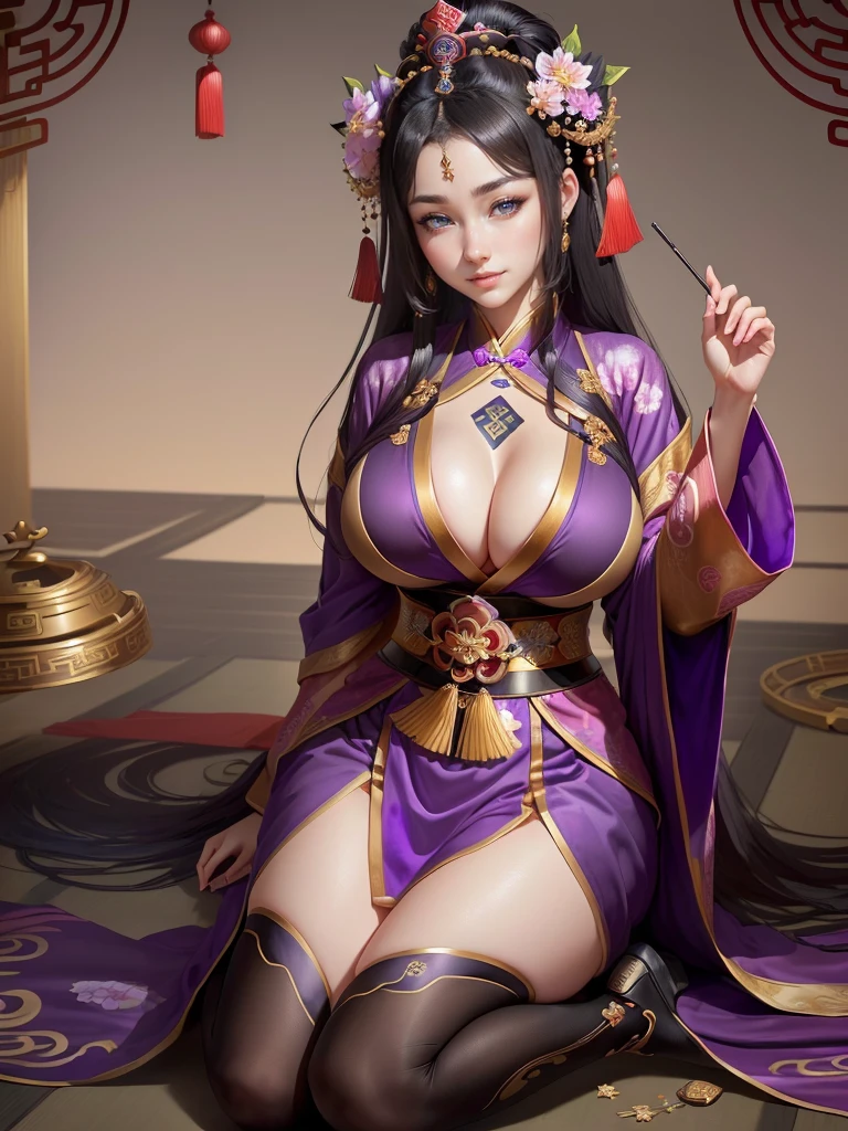 a woman in a purple kimono sitting on the ground, a beautiful fantasy empress, ancient chinese princess, ((a beautiful fantasy empress)), inspired by Lan Ying, inspired by Ju Lian, inspired by Qiu Ying, inspired by Li Mei-shu, palace , a girl in hanfu, inspired by Yun Du-seo, chinese empress, beautiful character painting, Highly detailed CG unit 8k wallpaper, masterpiece, High resolution, highest quality, highest quality real texture skin, Super Real, Digital Painting, Best image quality, 最High resolution, 8k, (((Highly detailed eyes and face, Beautiful eyes every detail))), (Saggy breasts, Gravity-dependent breasts, long chest, Heavy chest, disproportionate breasts, huge breasts, sagging breasts, gigantic breasts, black hair, grin,