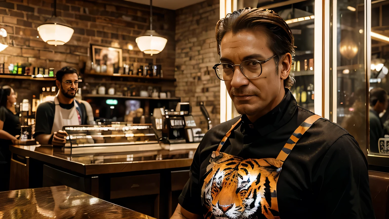 Hyperrealistic, cinematic quality, futuristic coffee shop footage. Cyberpunk atmosphere. The interior decor is a mixture of antique and hyper-futuristic. The store is crowded with many female customers.

A handsome 48-year-old male waiter comes to serve coffee at a table. He wears glasses , (rainbow-colored apron with a realistic tiger face printed on it:1.2)

As soon as he places the coffee on the table, the man slowly smiles warmly at the camera, his expression friendly and inviting.