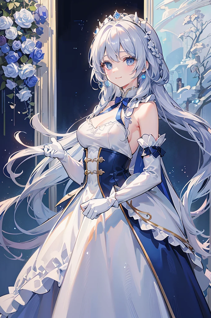 A woman with white hair and blue eyes、adult、Long, fluffy wavy hair、Braiding、Wearing hair ornaments、Smiling、Princess、White gloves、Blue-tinted dress、ribbon、Decorations such as roses and drops、race、The dress is short in the front and long in the back、Garter Ring、Fantasy