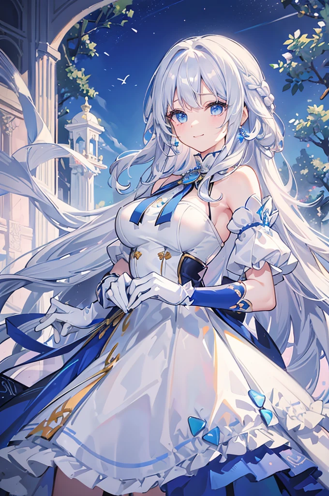 A woman with white hair and blue eyes、adult、Long, fluffy wavy hair、Braiding、Wearing hair ornaments、Smiling、Princess、White gloves、Blue-tinted dress、ribbon、Decorations such as roses and drops、race、The dress is short in the front and long in the back、Garter Ring、Fantasy