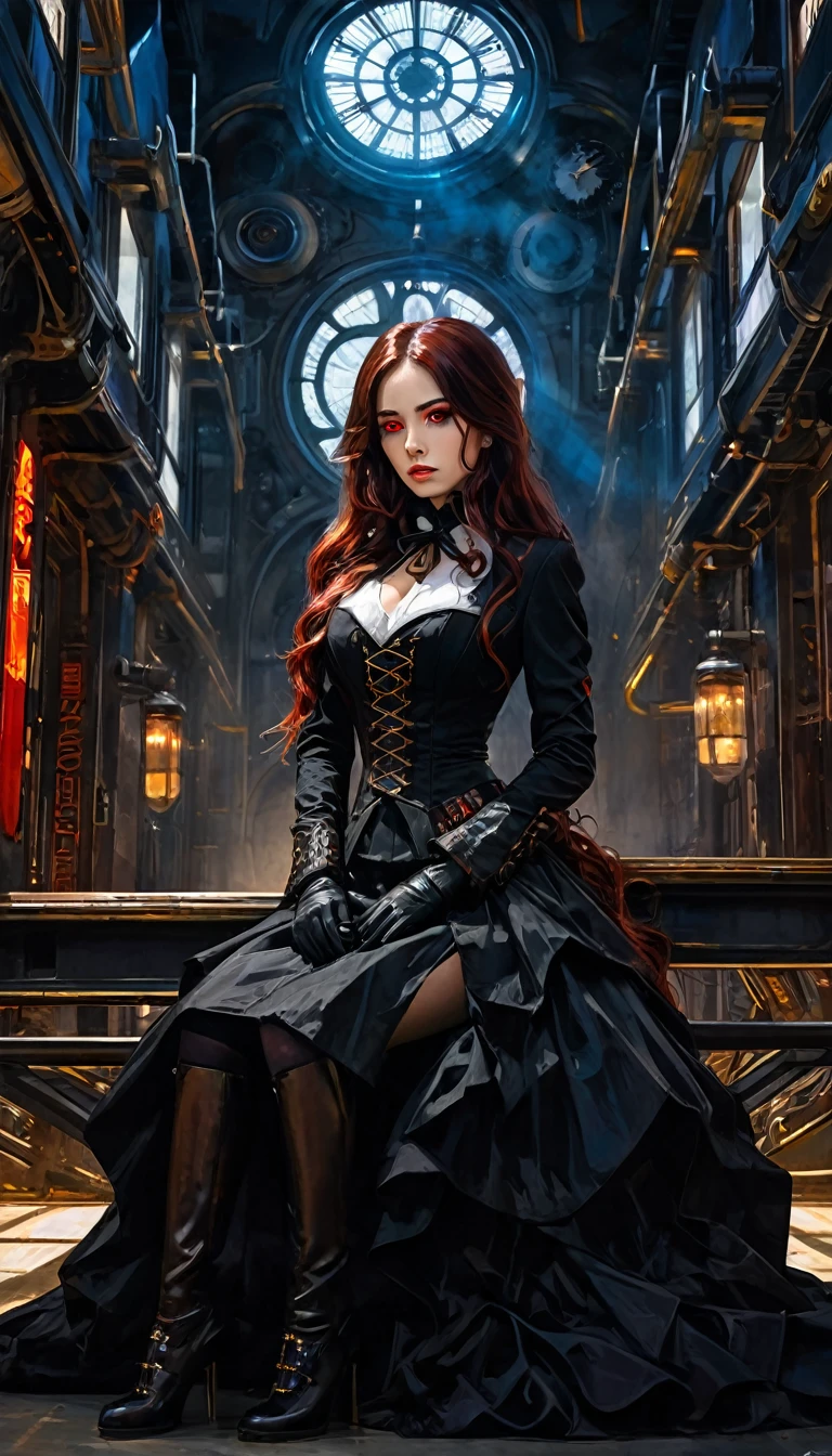 a woman dressed in anime style sitting under a futuristic building, 1 girl, dress, alone, hair, gloves, two stories, looking at viewer, red eyes, long hair, black gloves, long sleeves, long hair, steampunk、Short hair , very detailed oil painting, chiaroscuro, sensual, dramatic lighting, moody atmosphere, photorealistic, intricate details, masterpiece, ultra-detailed, high quality, 8k, best quality, realistic, cinematic, dark and brooding, expressionistic, powerful composition, emotional impact, Bill Sienkiewicz inspired art