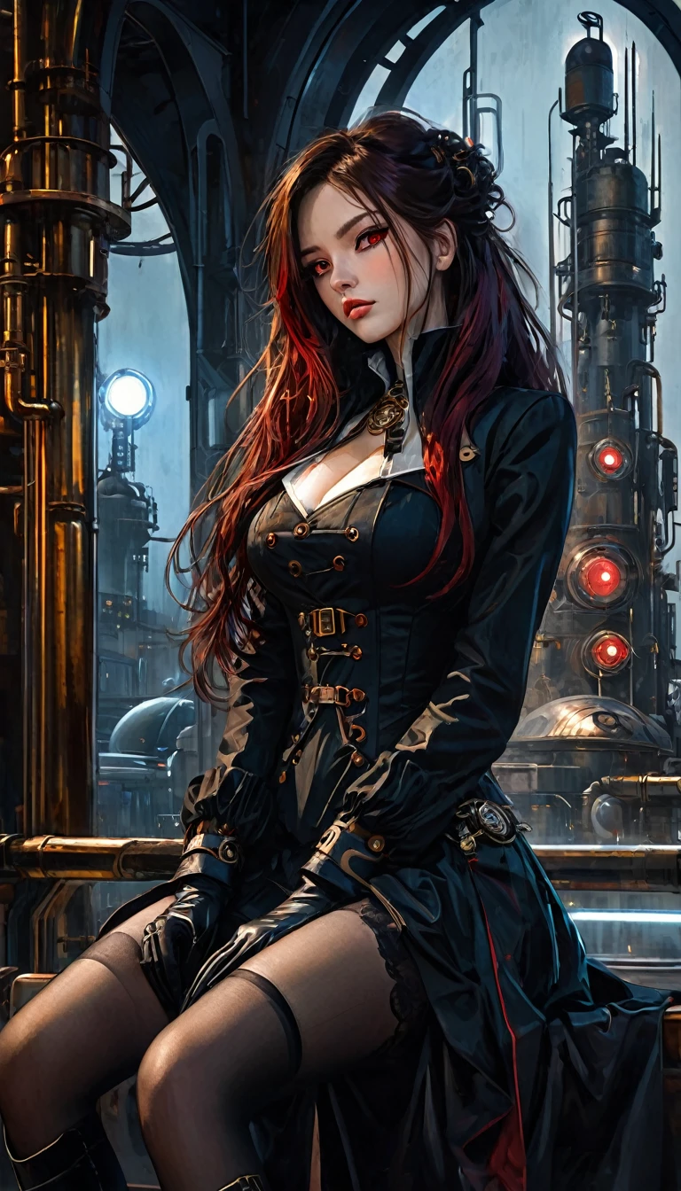 a woman dressed in anime style sitting under a futuristic building, 1 girl, dress, alone, hair, gloves, two stories, looking at viewer, red eyes, long hair, black gloves, long sleeves, long hair, steampunk、Short hair , very detailed oil painting, chiaroscuro, sensual, dramatic lighting, moody atmosphere, photorealistic, intricate details, masterpiece, ultra-detailed, high quality, 8k, best quality, realistic, cinematic, dark and brooding, expressionistic, powerful composition, emotional impact, Bill Sienkiewicz inspired art