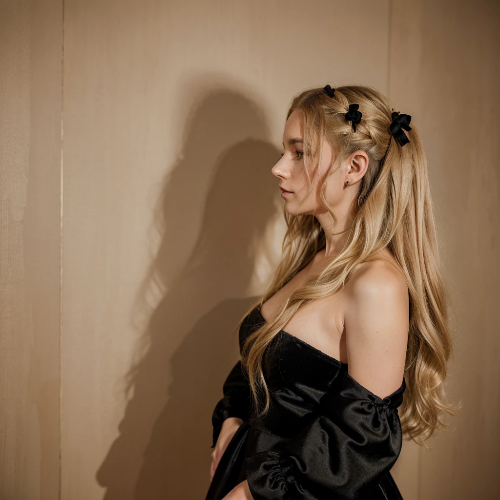 Portrait-style photograph featuring a woman with long, wavy blonde hair, styled with a large black velvet bow. She is turned slightly away from the camera, showing her profile. Her skin is fair, and she is wearing an off-the-shoulder dress with a black bodice and large, pale pink satin bows on the sleeves. The background consists of a wall with elegant, gold-trimmed paneling, adding a touch of sophistication to the setting.