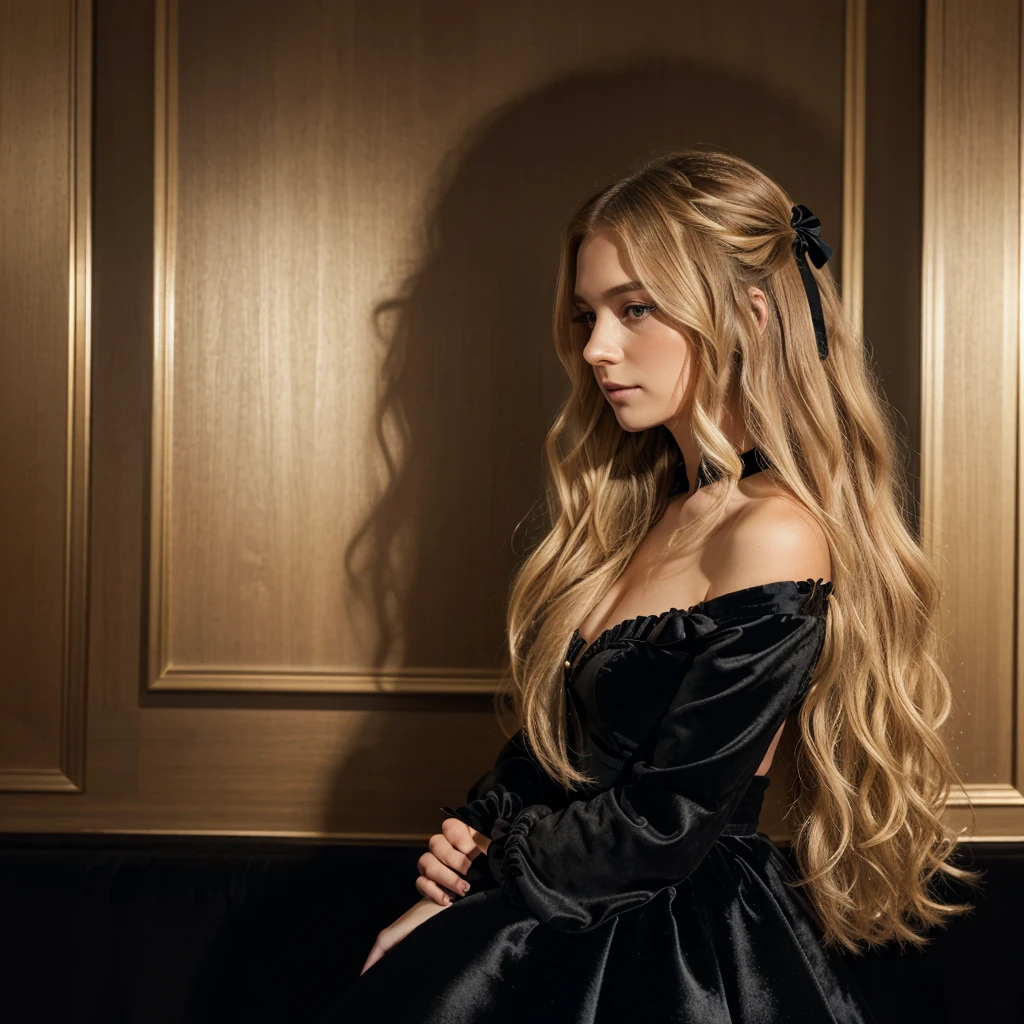 Portrait-style photograph featuring a woman with long, wavy blonde hair, styled with a large black velvet bow. She is turned slightly away from the camera, showing her profile. Her skin is fair, and she is wearing an off-the-shoulder dress with a black bodice and large, pale pink satin bows on the sleeves. The background consists of a wall with elegant, gold-trimmed paneling, adding a touch of sophistication to the setting.