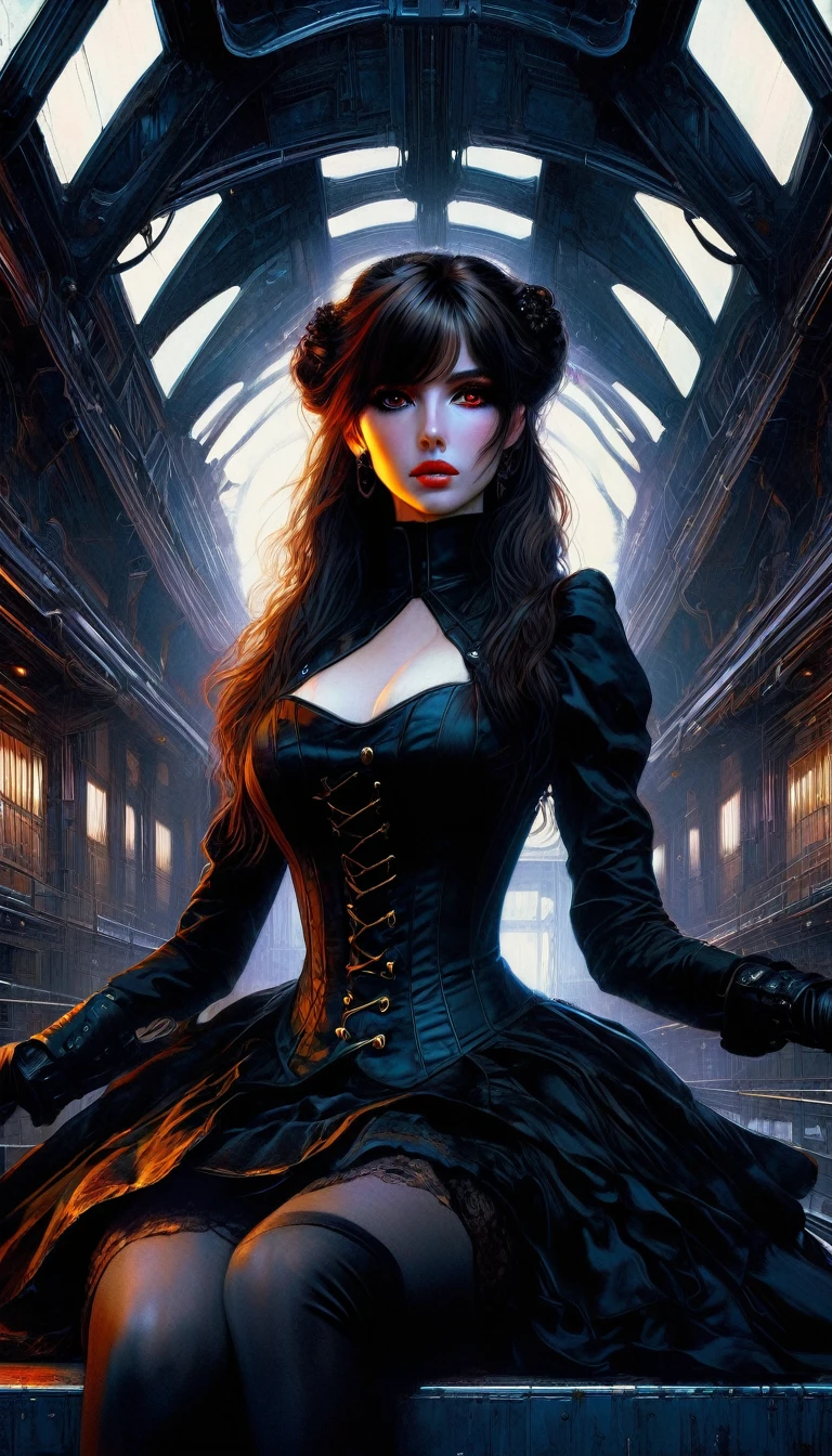 a woman dressed in anime style sitting under a futuristic building, 1 girl, dress, alone, hair, gloves, two stories, looking at viewer, red eyes, long hair, black gloves, long sleeves, long hair, steampunk、Short hair , very detailed oil painting, chiaroscuro, sensual, dramatic lighting, moody atmosphere, photorealistic, intricate details, masterpiece, ultra-detailed, high quality, 8k, best quality, realistic, cinematic, dark and brooding, expressionistic, powerful composition, emotional impact, Bill Sienkiewicz inspired art