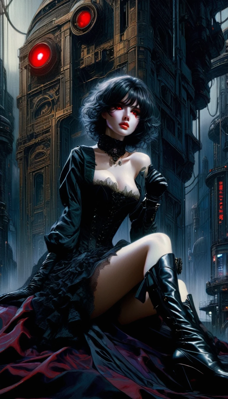 a woman dressed in anime style sitting under a futuristic building, 1 girl, dress, alone, hair, gloves, two stories, looking at viewer, red eyes, long hair, black gloves, long sleeves, long hair, steampunk、Short hair , very detailed oil painting, chiaroscuro, sensual, dramatic lighting, moody atmosphere, photorealistic, intricate details, masterpiece, ultra-detailed, high quality, 8k, best quality, realistic, cinematic, dark and brooding, expressionistic, powerful composition, emotional impact, Bill Sienkiewicz inspired art