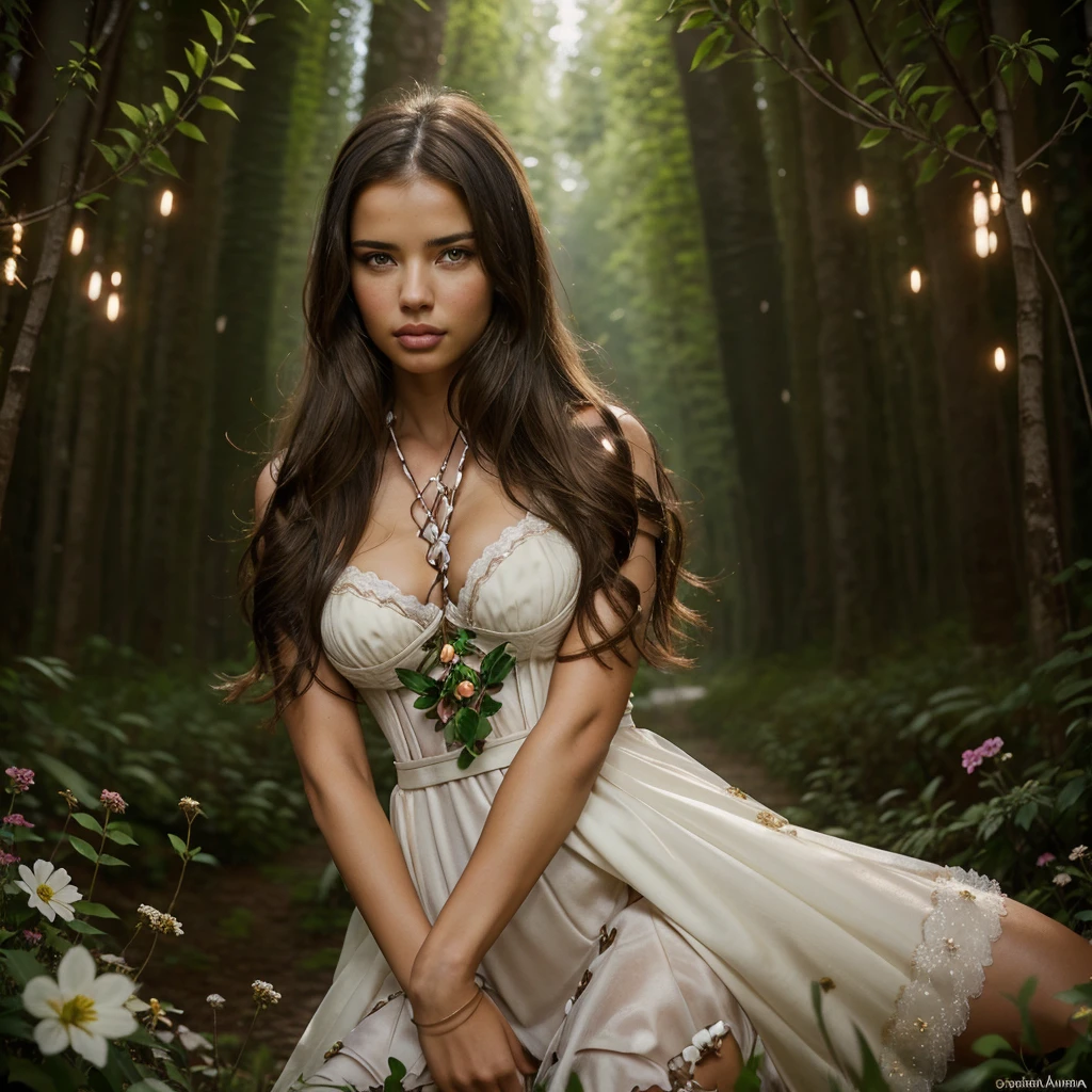 adriana lima, thick brown hair, hot , Ukrainian girl, wavy brown hair, Dasha Taran, pretty beautiful brunette, (solo one girl : 2.0), beautiful woman, brown eyes, extremely straight hair, high quality, beautiful details, beautiful woman, rich details in a green forest, surrounded by beautiful flowers, beautiful lighting, high resolution, wearing a white dress
