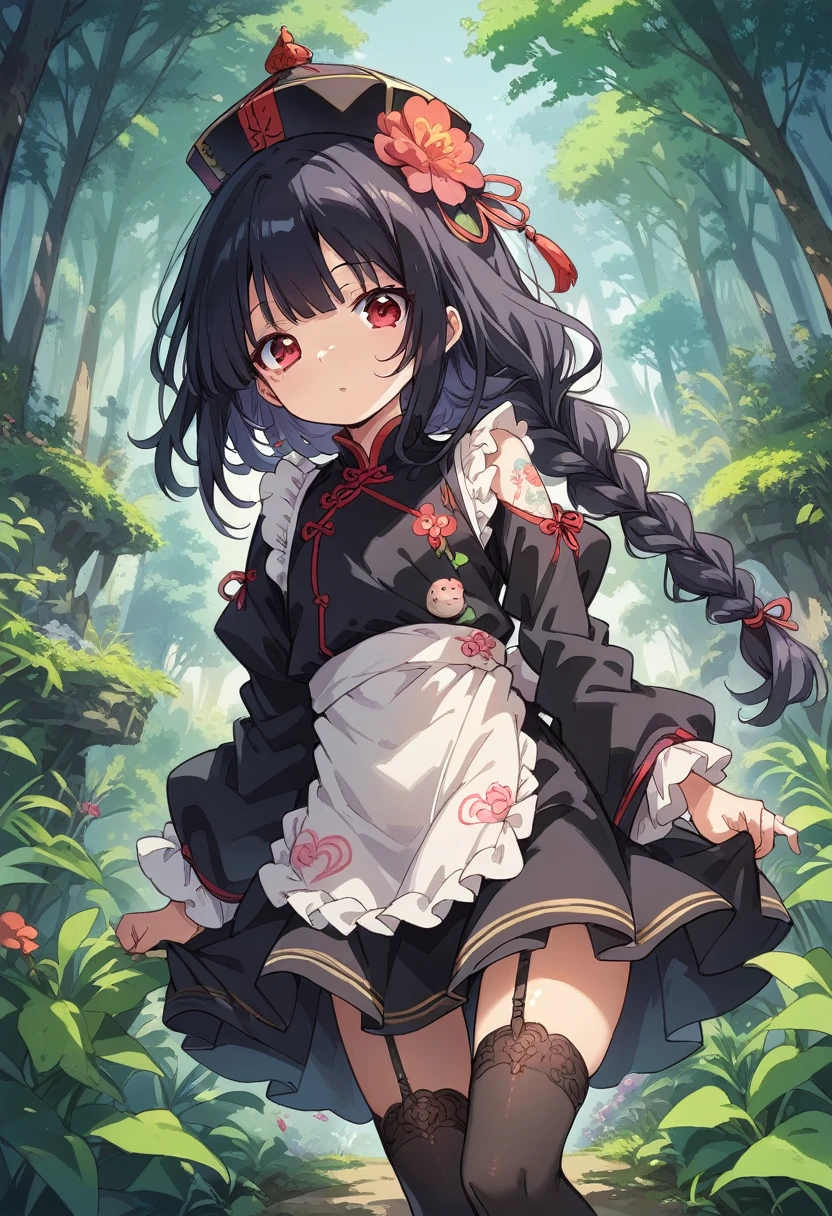 BREAK Perfect Anatomy、(High resolution:1.2)、Incredible illustrations、(Cute illustrations:1.2)、() （Beautiful background(forest)) 1 girl(Black hair, long hair, single braid, red eyes,tattoos, )(young adult woman:2.0)
（Baggy China Hat,Long ruffled sleeves, black jiangshi cheongsam dress, apron,  garter stockings）eat mooncake