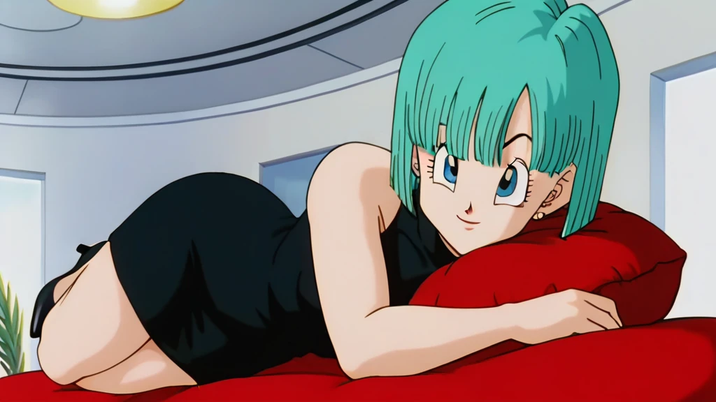 source_anime, score_9, score_8_up, score_7_up, anime screencap, bulma, short hair, aqua hair, bob cut, bangs, blue eyes, 1girl, solo, 8k, absurd res, smile, lying on side, holding head, ballroom, indoors, short black dress, high heels,