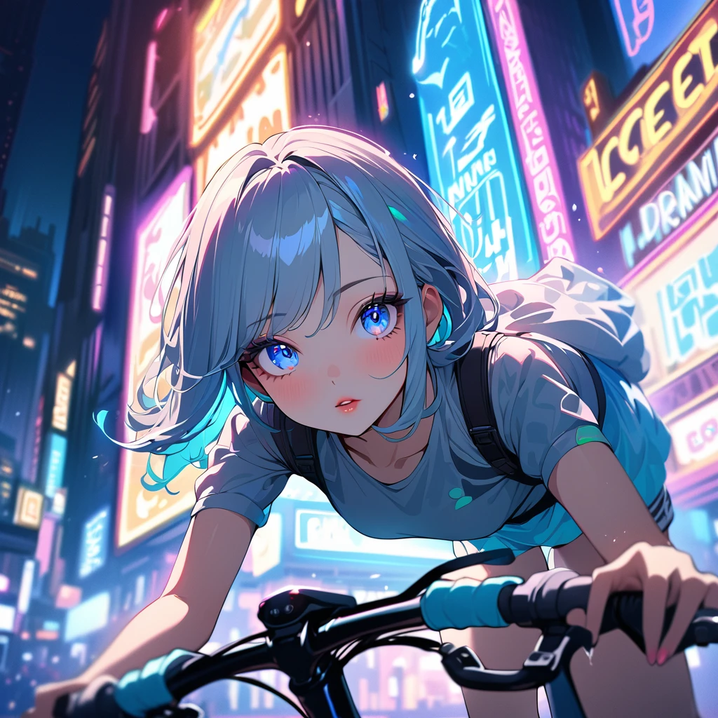 a cute young girl riding a bicycle in a neon-lit night city, anime style, beautiful detailed eyes, beautiful detailed lips, extremely detailed eyes and face, long eyelashes, (best quality,4k,8k,highres,masterpiece:1.2),ultra-detailed,vibrant neon colors, glowing neon signs, dynamic motion blur, cinematic lighting, dramatic shadows, elegant pose, whimsical, dreamlike, evocative